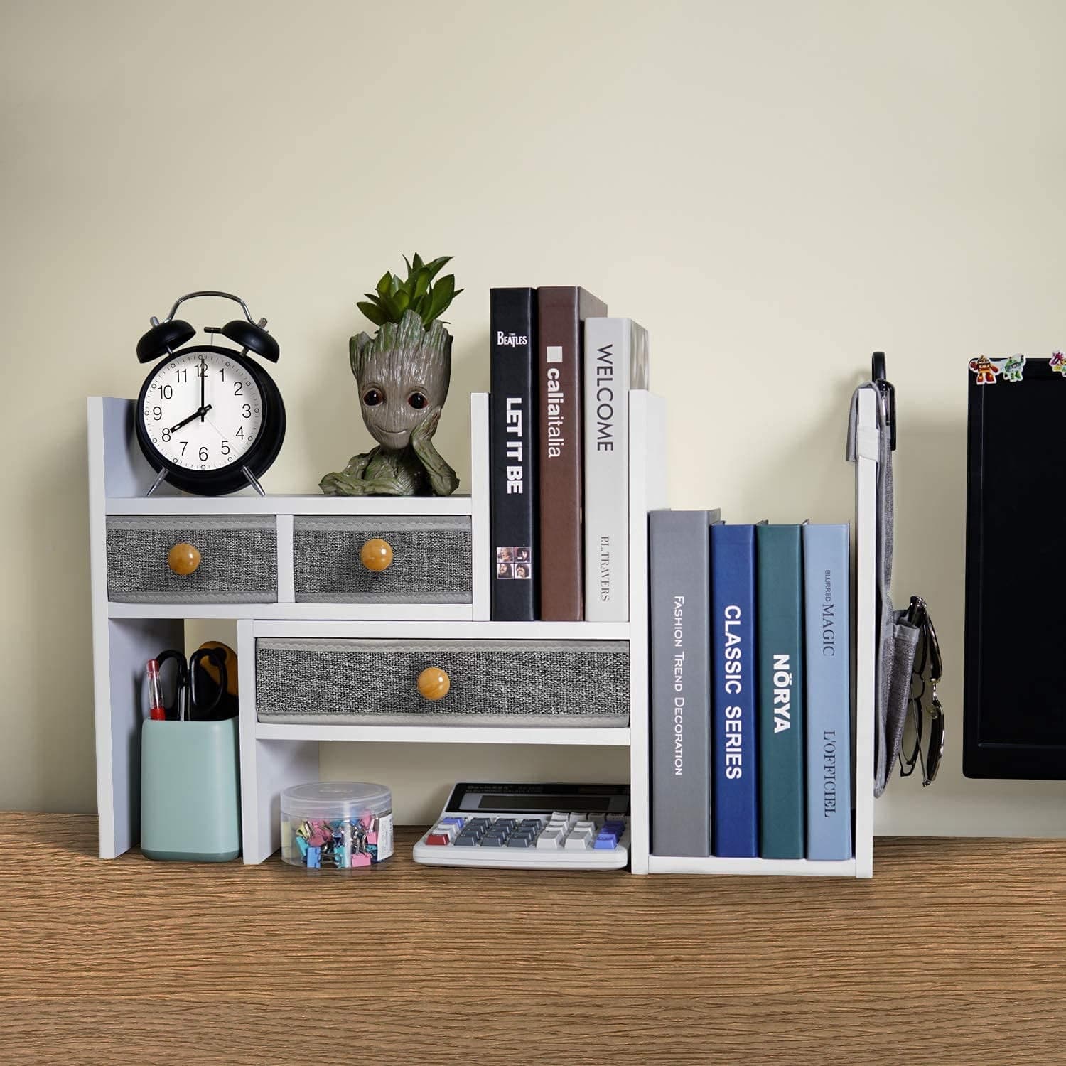 Expandable Desktop Bookshelf with Drawers (White) alternate