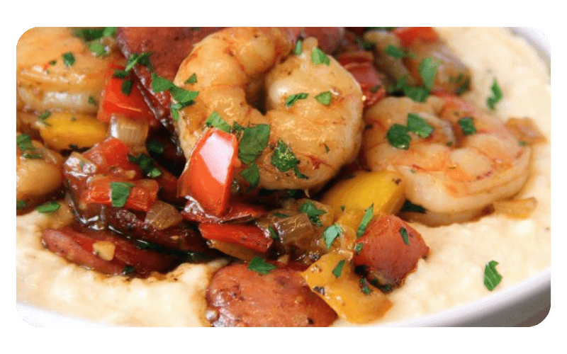 Spicy Shrimp and  Sausage over Grits