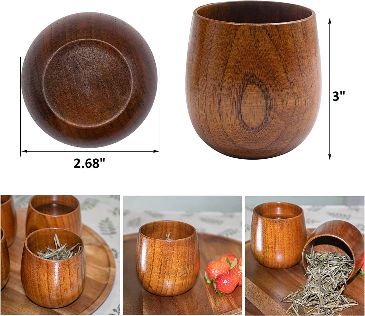 4 Set Handmade Wood Bowls - Jujube Wooden Japanese Bowls with Matching Spoon for Rice, Soup, Dip, Salad, Tea alternate